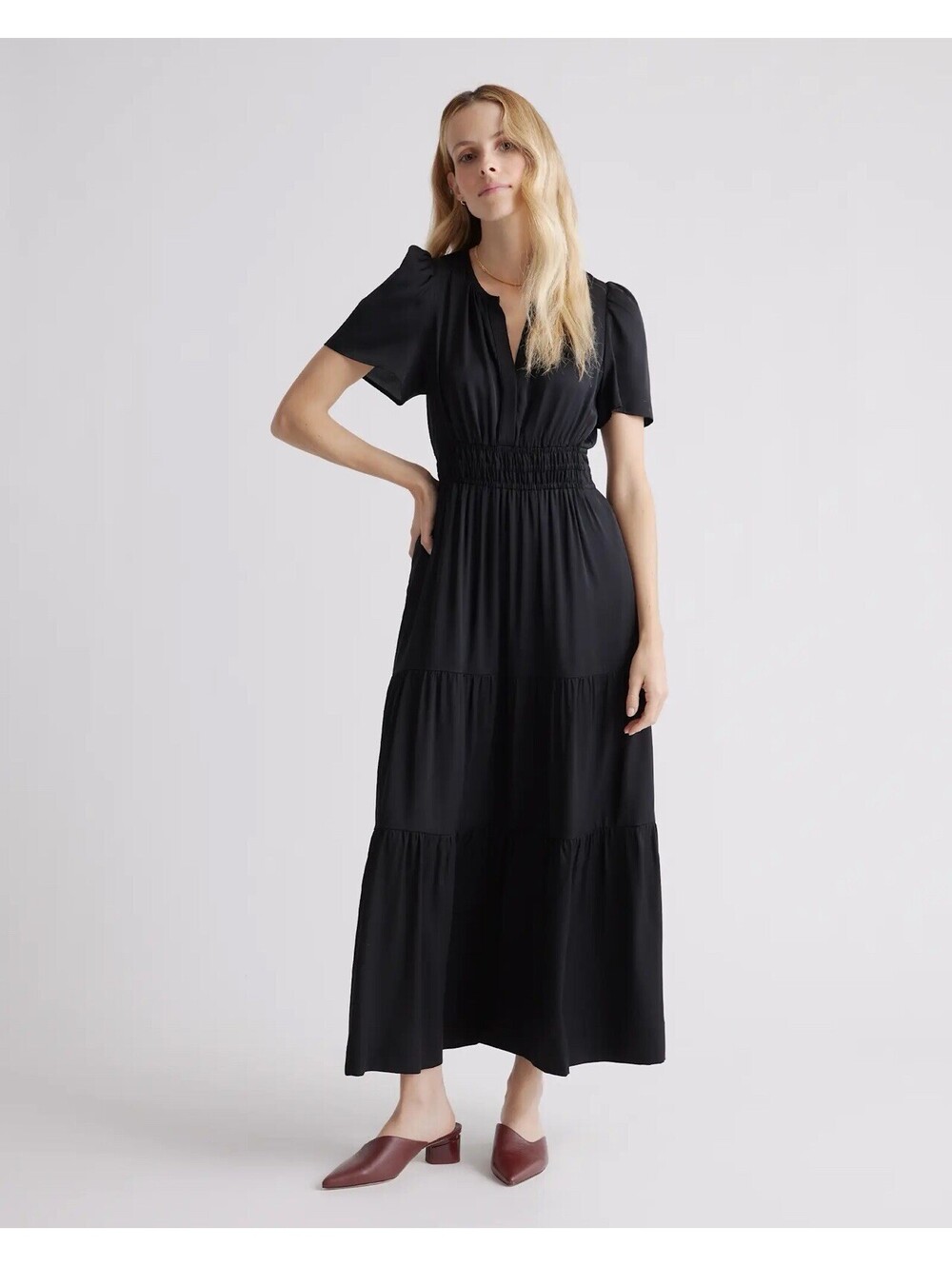 Quince Washable Black Silk Stretch Tiered Maxi Dress Pockets Cocktail Sz Medium